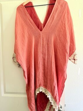 RARE YUME Label (Cyprus) 100% Linen Gauze Kaftan - Artisan Crochet Trim